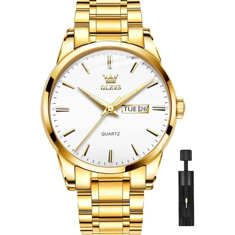 Olevs Men's Gold Steel White Stainless Steel Man Watch Luminous Stylish Watch